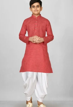 Solid Color Cotton Kurta Set in Red