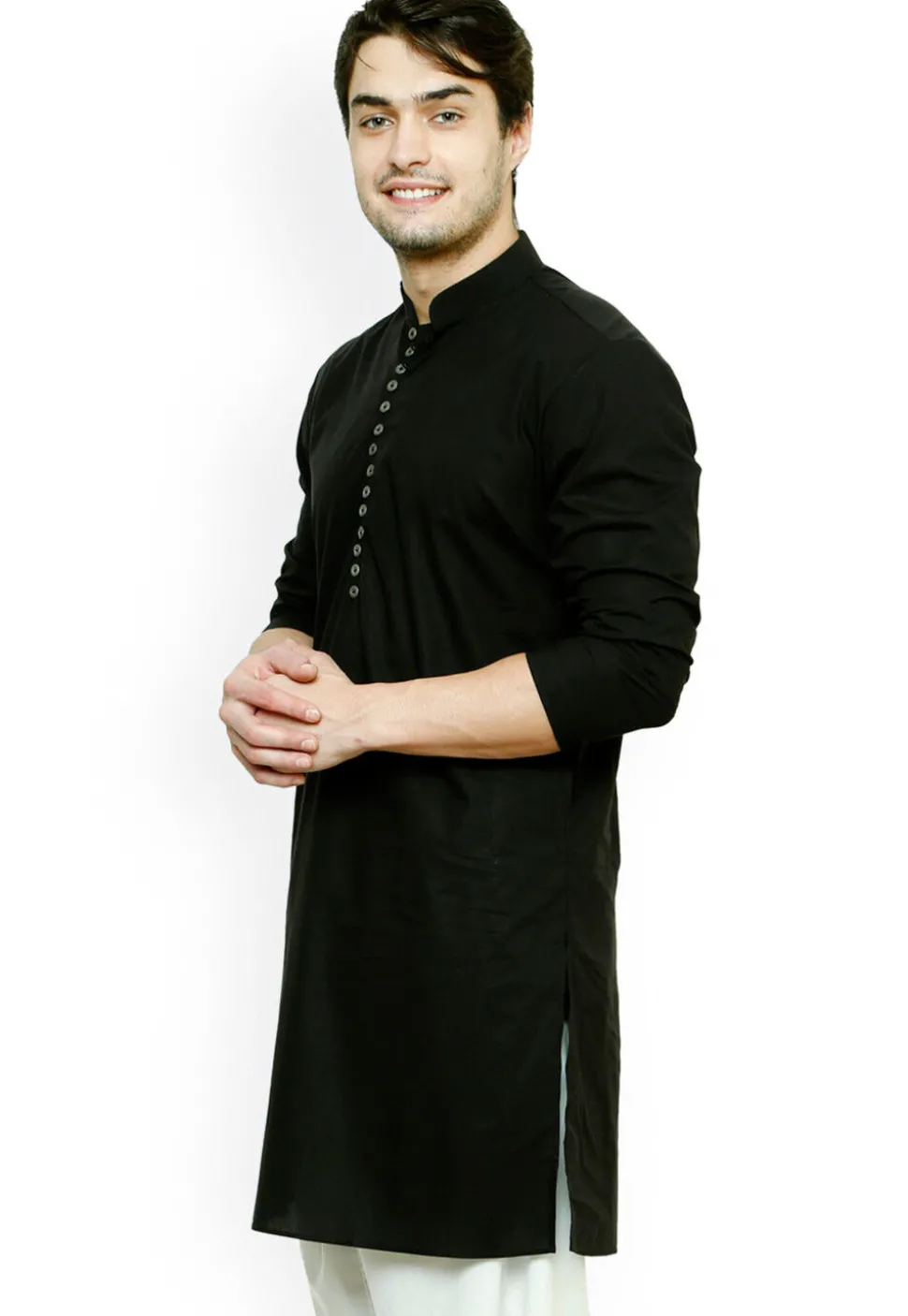 Solid Color Cotton Kurta Set in Black