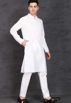 Solid Color Cotton Kurta Set in White
