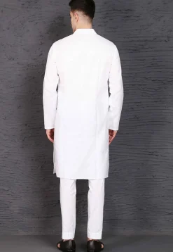 Solid Color Cotton Kurta Set in White