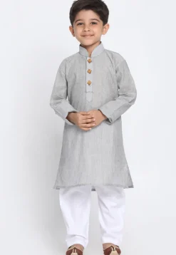 Solid Color Cotton Kurta Set in Light Grey