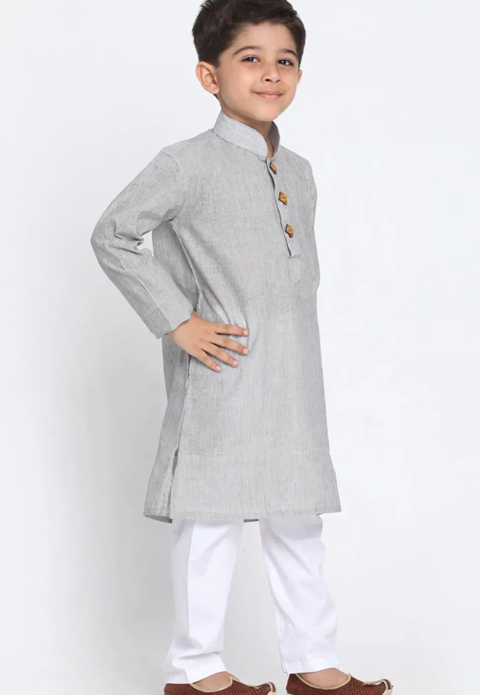 Solid Color Cotton Kurta Set in Light Grey
