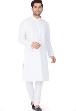 Solid Color Cotton Kurta Set in White