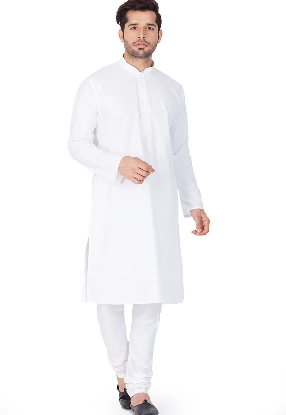 Solid Color Cotton Kurta Set in White
