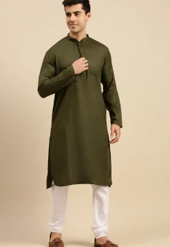 Solid Color Cotton Kurta Set in Dark Olive Green