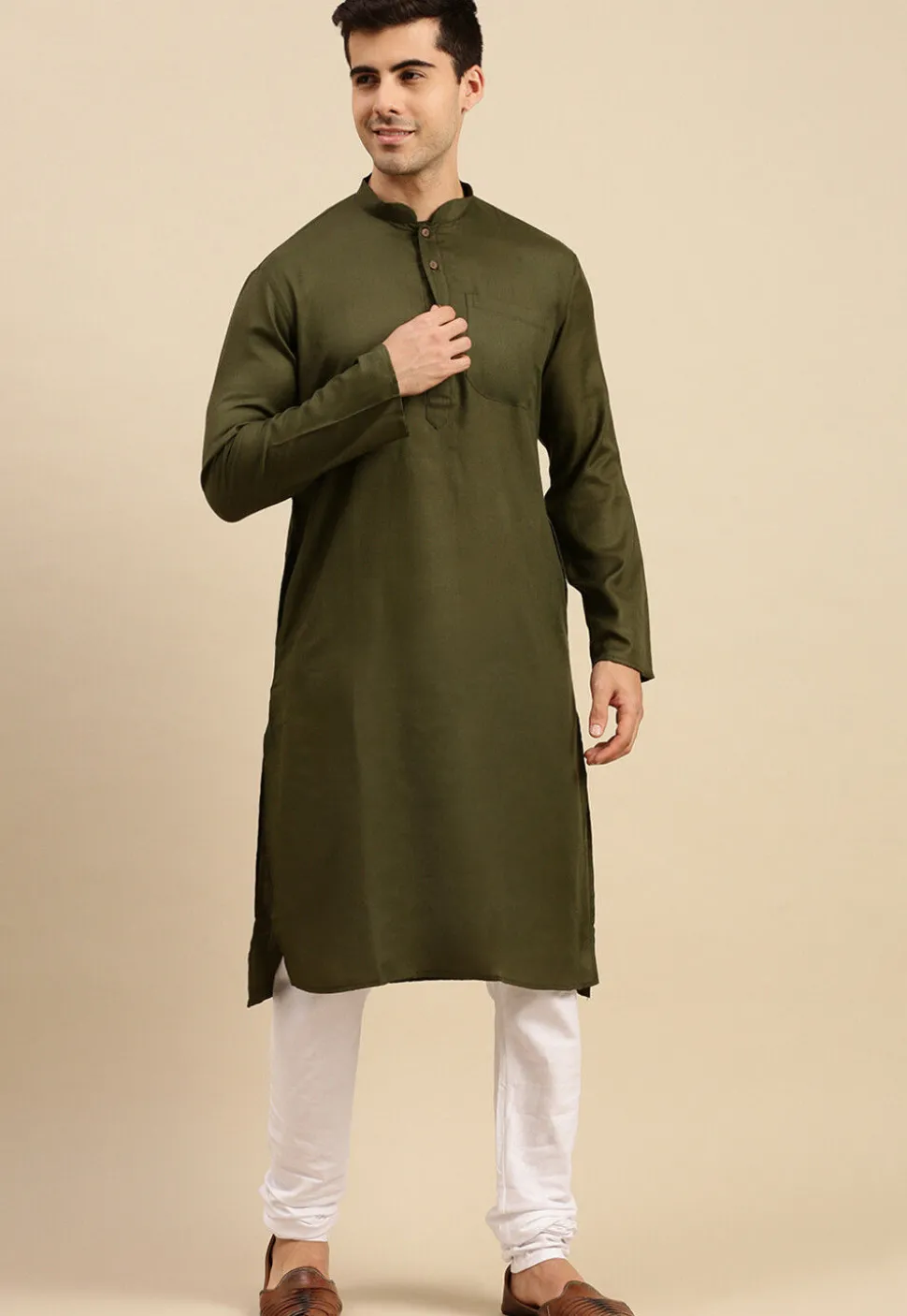 Solid Color Cotton Kurta Set in Dark Olive Green