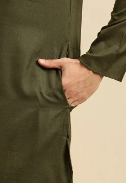 Solid Color Cotton Kurta Set in Dark Olive Green