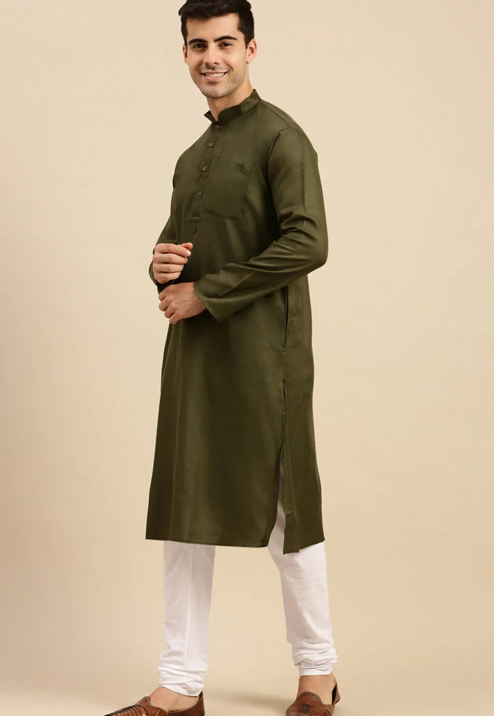 Solid Color Cotton Kurta Set in Dark Olive Green