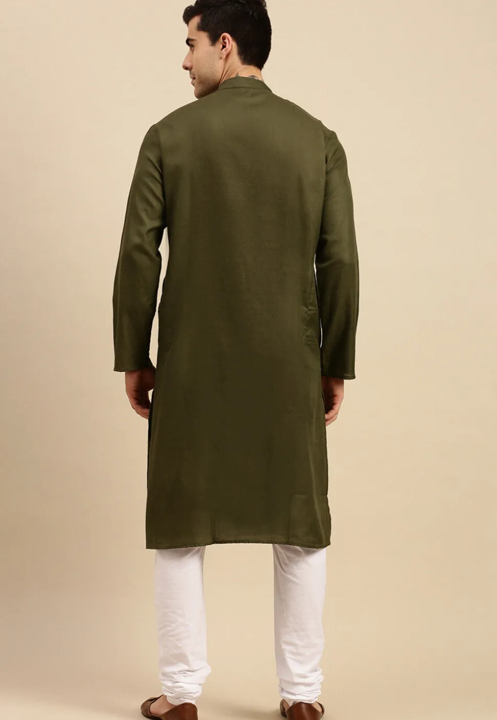 Solid Color Cotton Kurta Set in Dark Olive Green