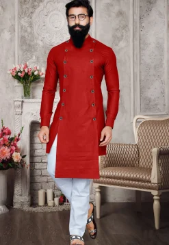 Solid Color Cotton Kurta Set in Red