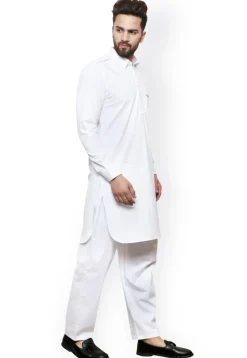 Solid Color Cotton Kurta Set in White
