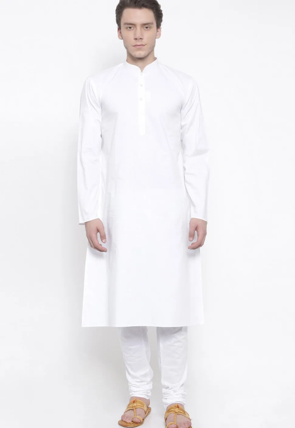 Solid Color Cotton Kurta Set in White