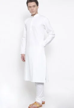 Solid Color Cotton Kurta Set in White