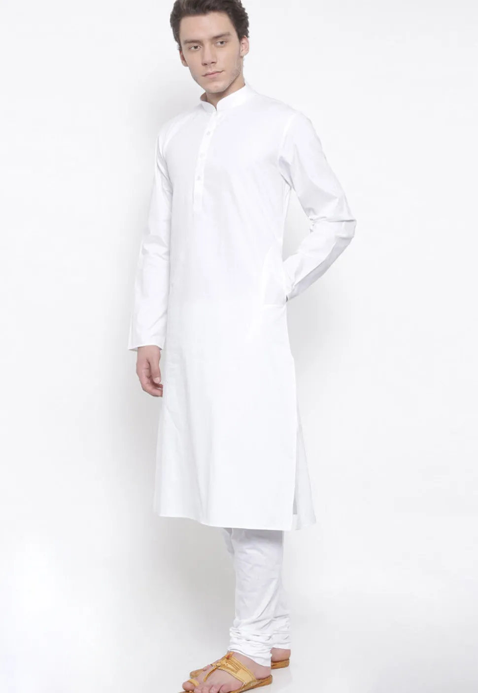 Solid Color Cotton Kurta Set in White