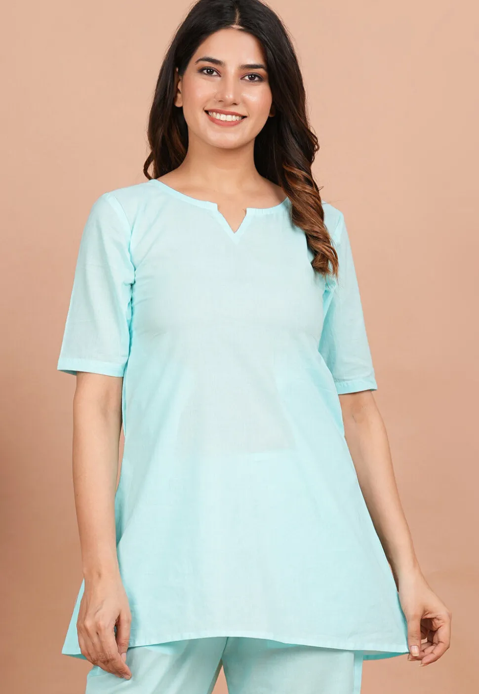 Solid Color Cotton Kurti in Light Blue