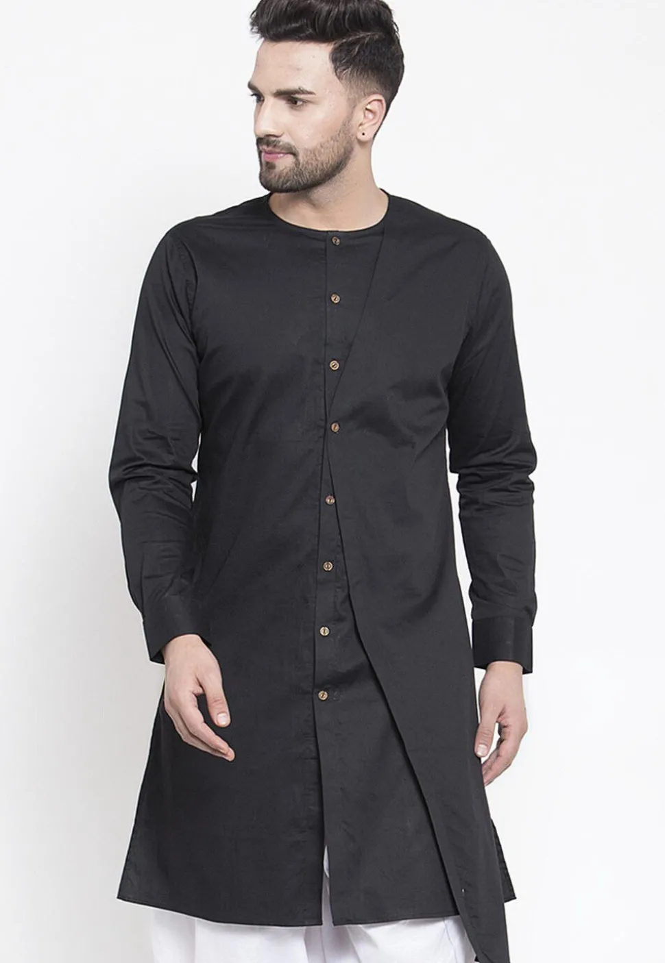 Solid Color Cotton Layered Kurta in Black