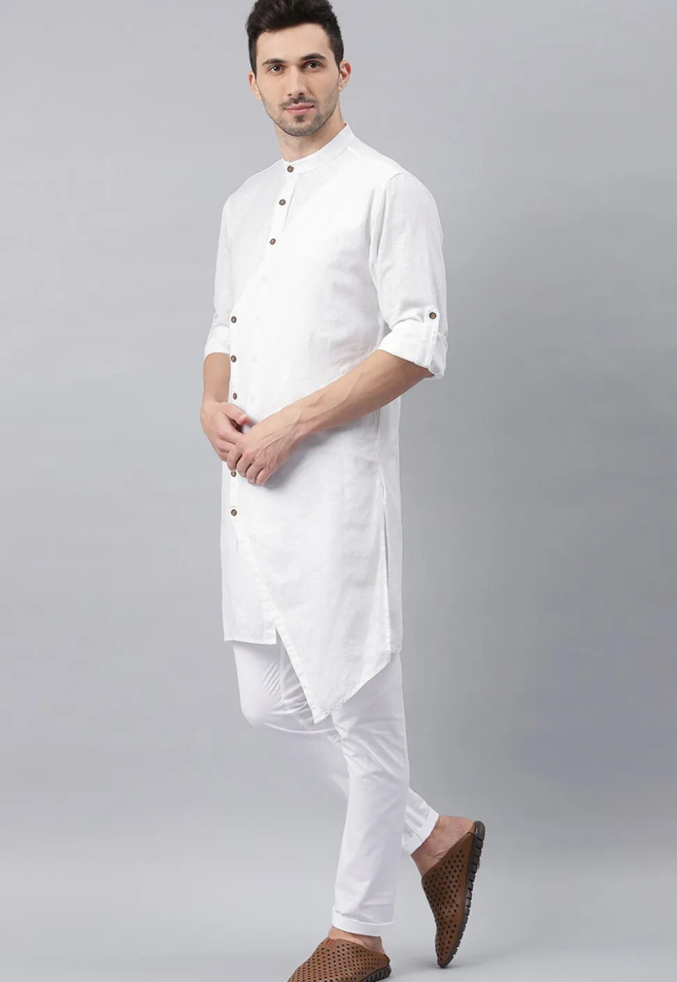 Solid Color Cotton Layered Kurta Set in White