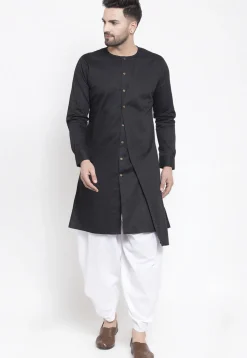 Solid Color Cotton Layered Dhoti Kurta in Black