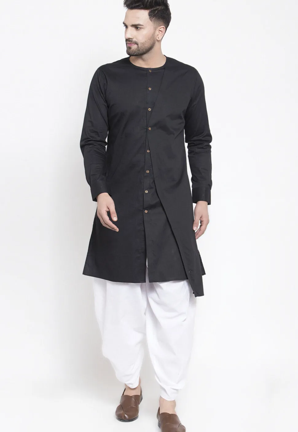 Solid Color Cotton Layered Dhoti Kurta in Black