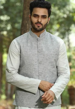 Solid Color Cotton Linen Nehru Jacket in Grey