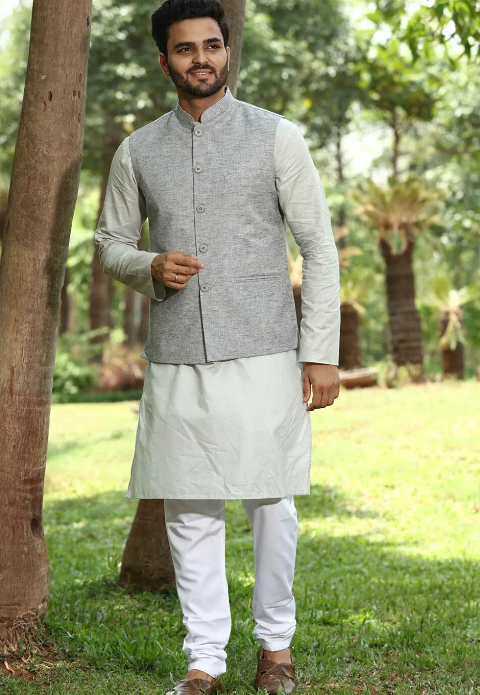 Solid Color Cotton Linen Nehru Jacket in Grey
