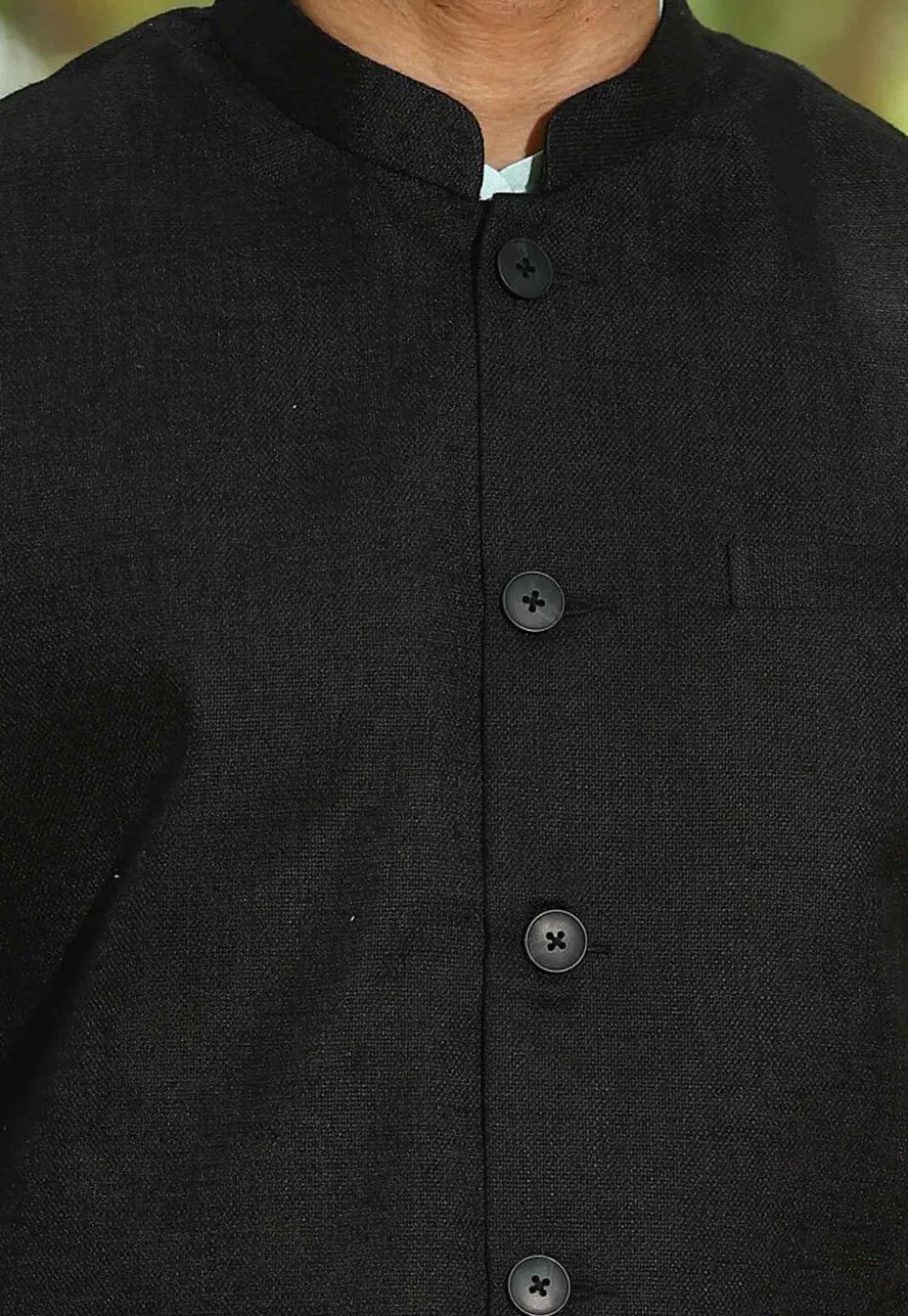 Solid Color Cotton Linen Nehru Jacket in Black