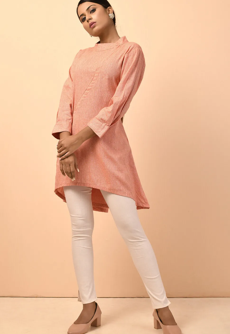 Solid Color Cotton Linen Tunic in Peach