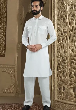 Solid Color Cotton Linen Pathani Suit in Off White
