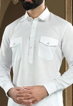 Solid Color Cotton Linen Pathani Suit in Off White