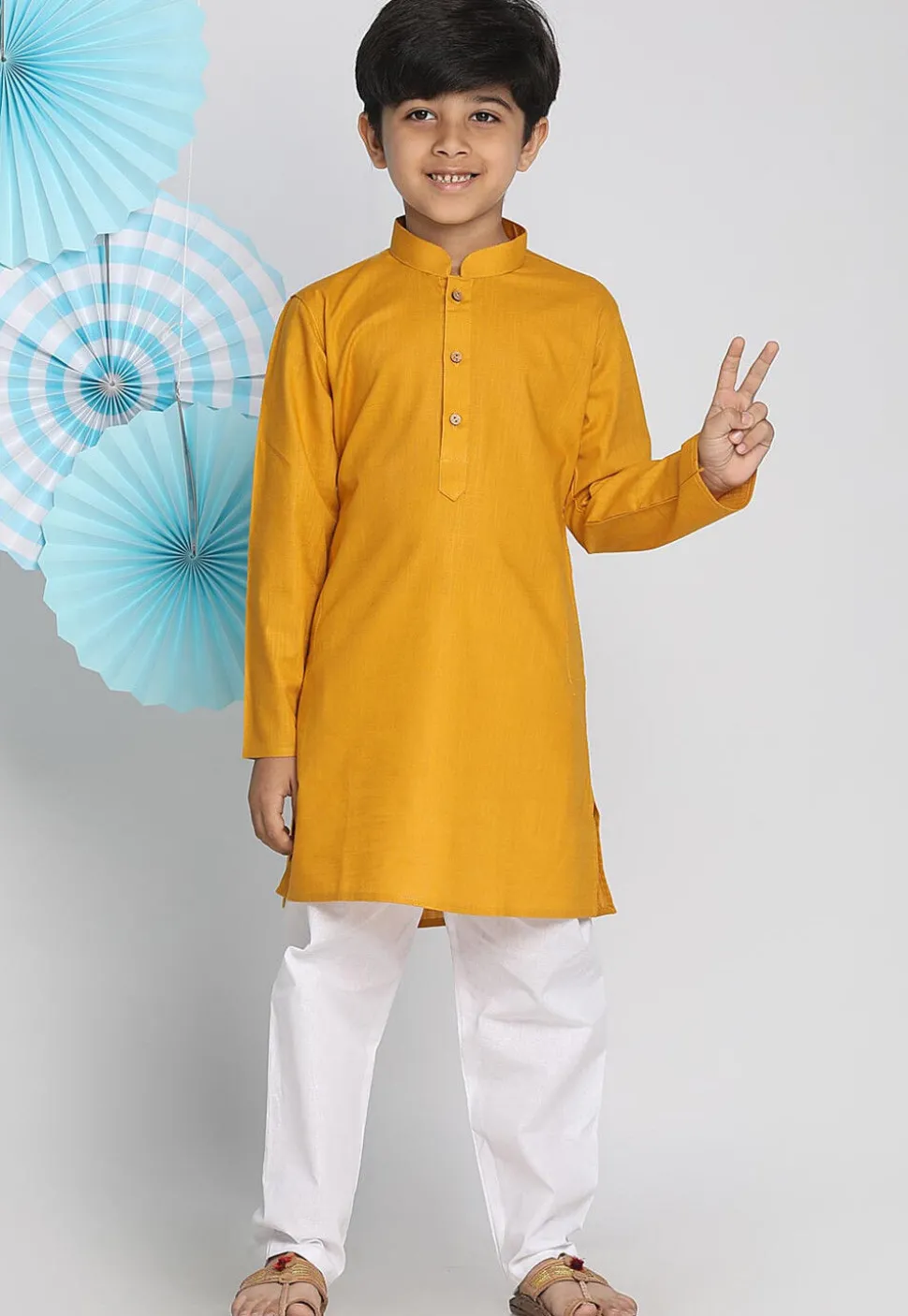 Solid Color Cotton Linen Kurta Set in Mustard