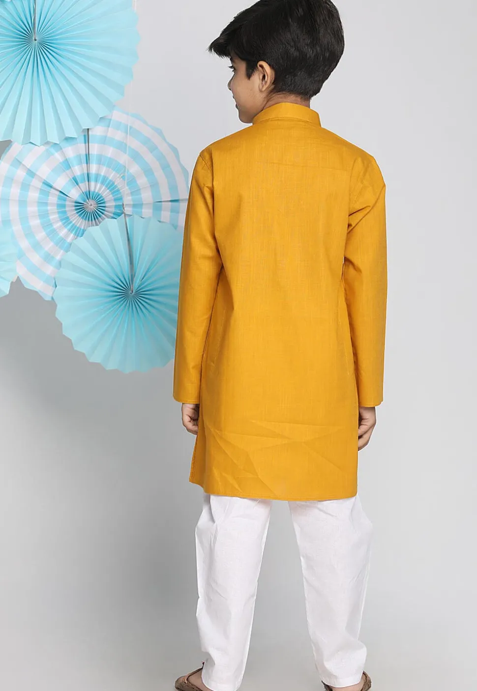 Solid Color Cotton Linen Kurta Set in Mustard