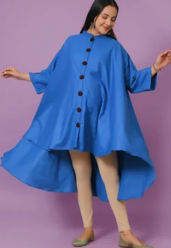 Solid Color Cotton Linen Asymmetric Tunic in Blue