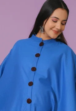 Solid Color Cotton Linen Asymmetric Tunic in Blue