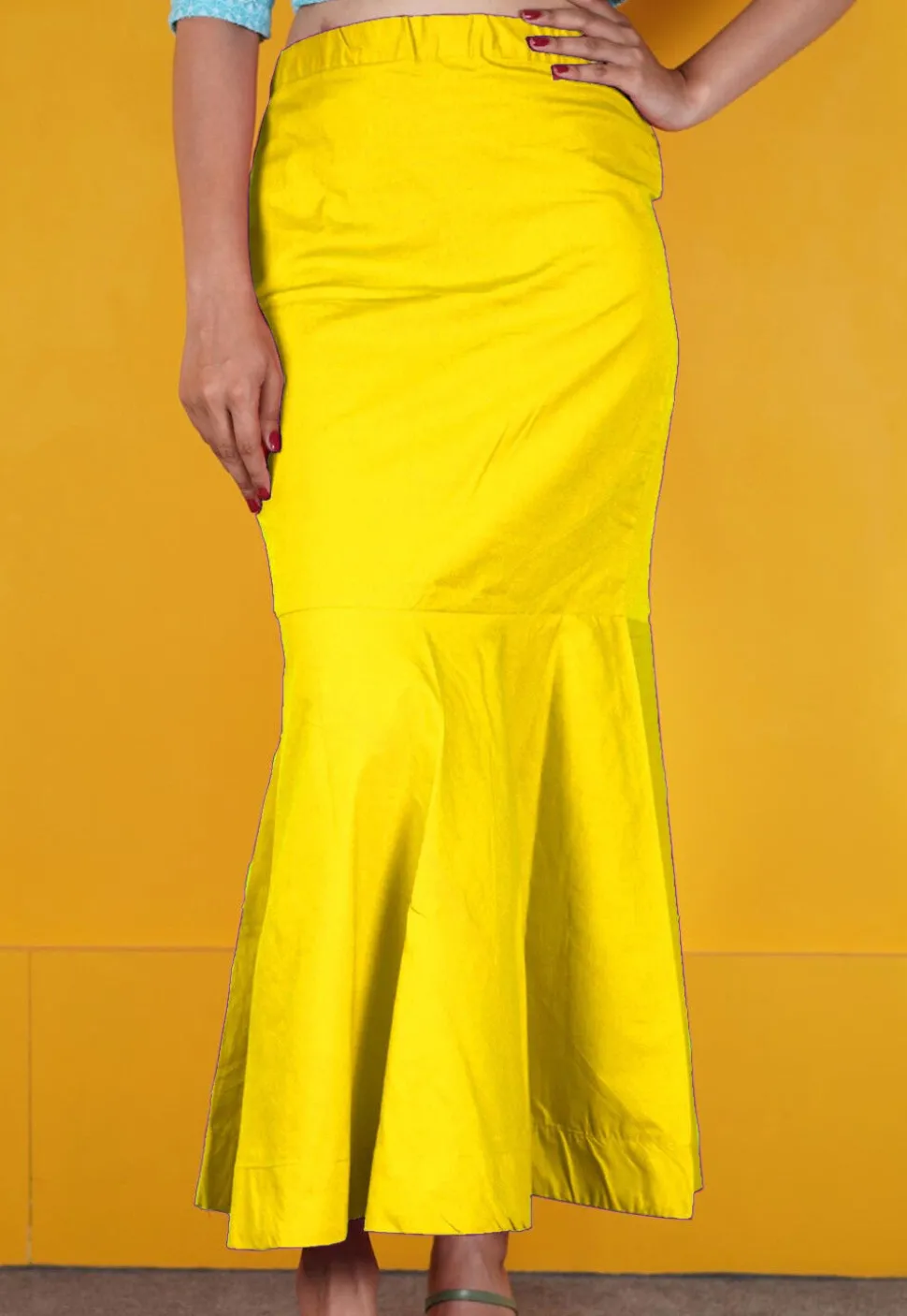 Solid Color Cotton Lycra Fish Cut Petticoat in Yellow