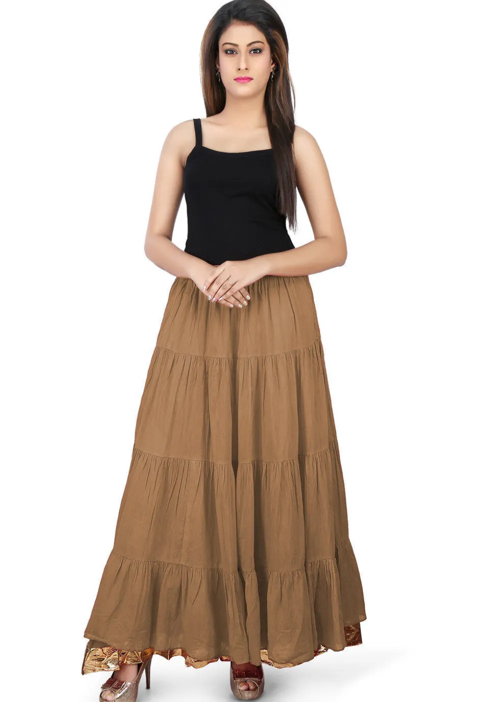 Solid Color Cotton Mulmul Skirts in Dark Beige