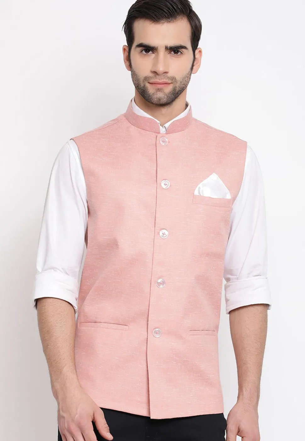 Solid Color Cotton Nehru Jacket in Light Pink