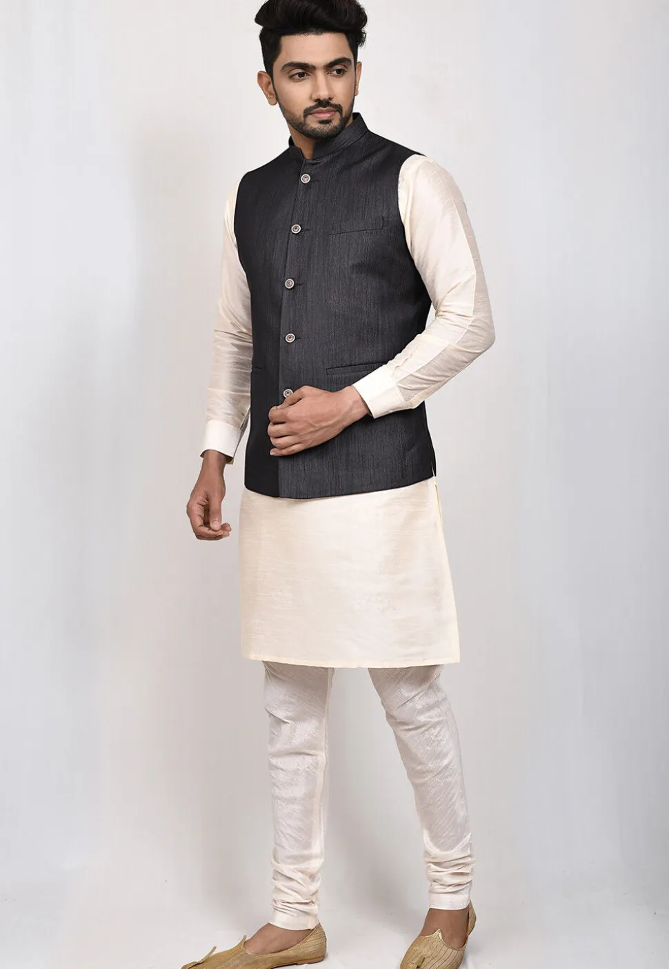 Solid Color Cotton Nehru Jacket in Black