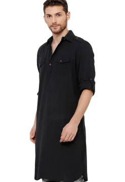 Solid Color Cotton Pathani Kurta in Black