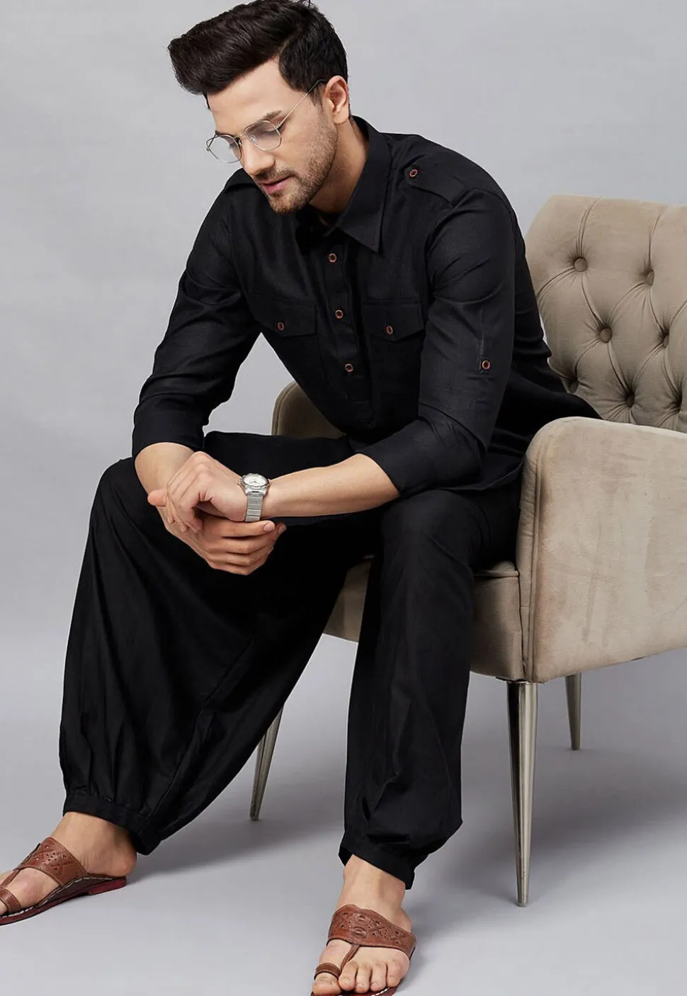 Solid Color Cotton Pathani Suit in Black