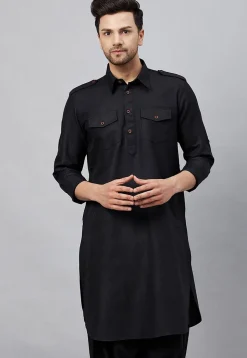 Solid Color Cotton Pathani Suit in Black