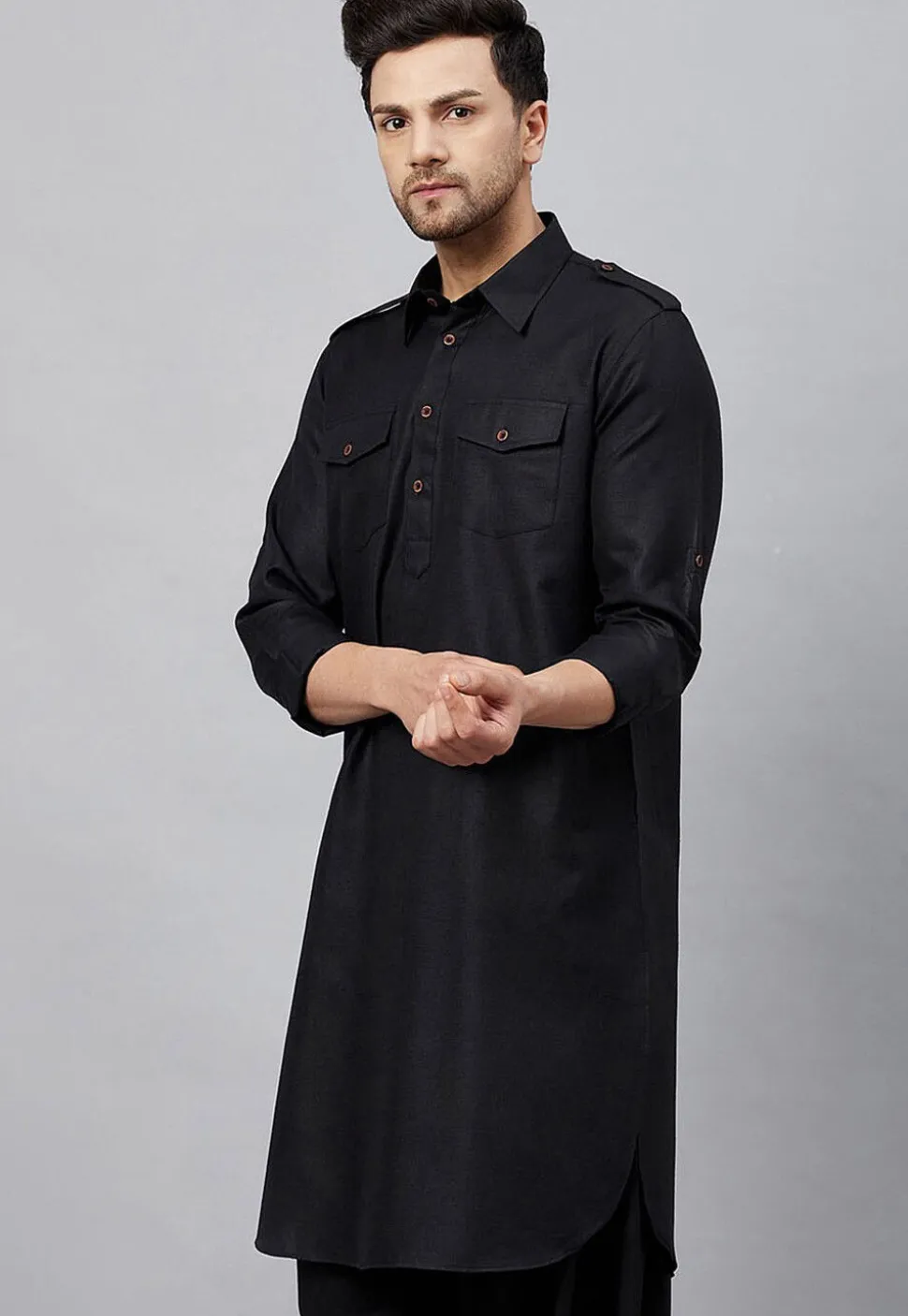 Solid Color Cotton Pathani Suit in Black