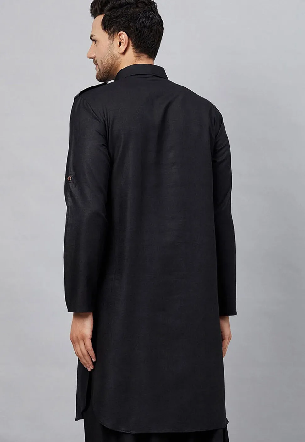 Solid Color Cotton Pathani Suit in Black