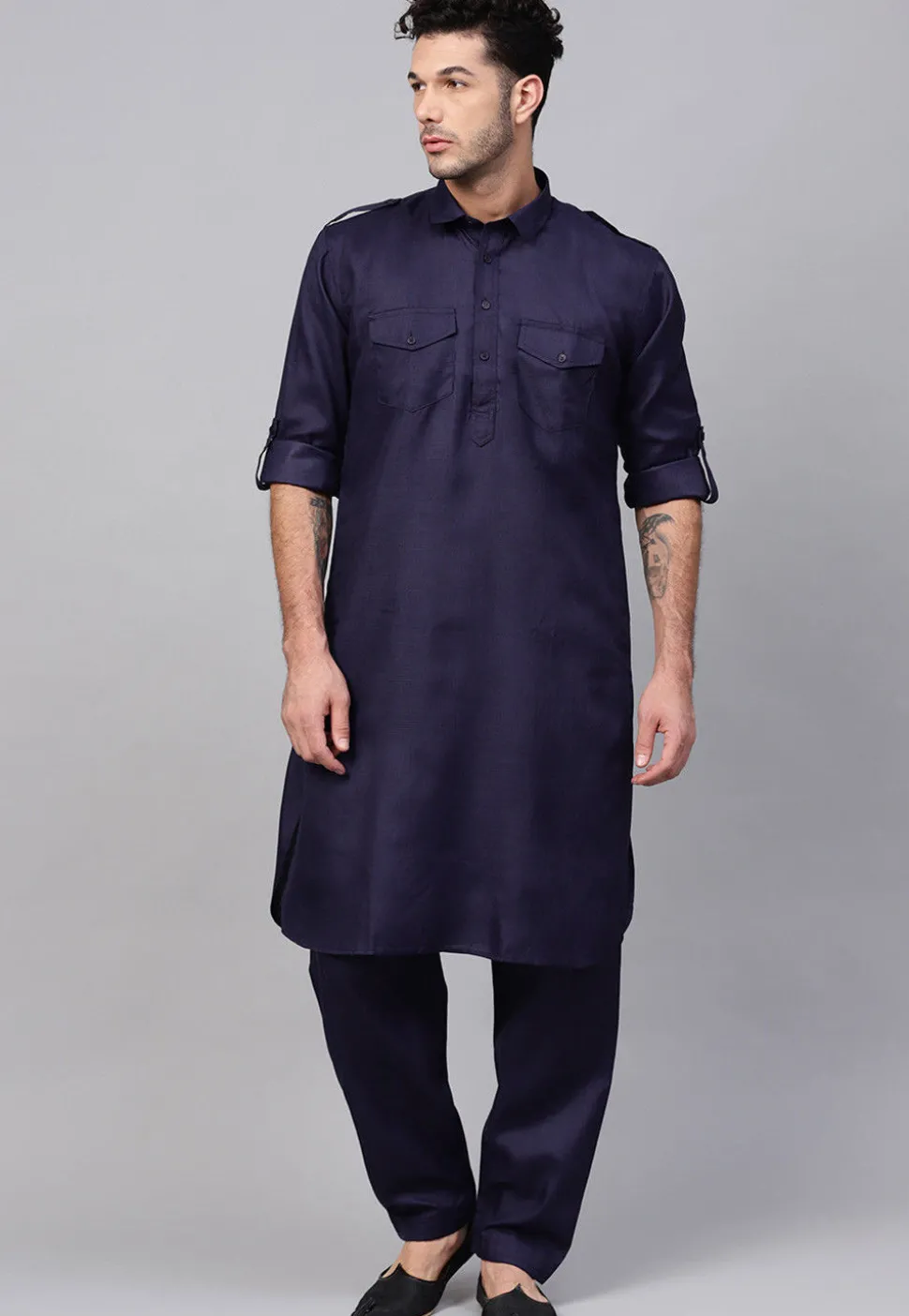 Solid Color Cotton Pathani Suit in Navy Blue