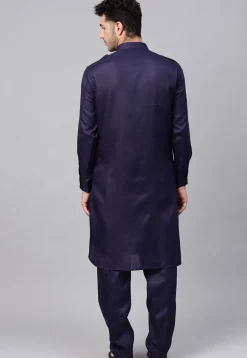 Solid Color Cotton Pathani Suit in Navy Blue