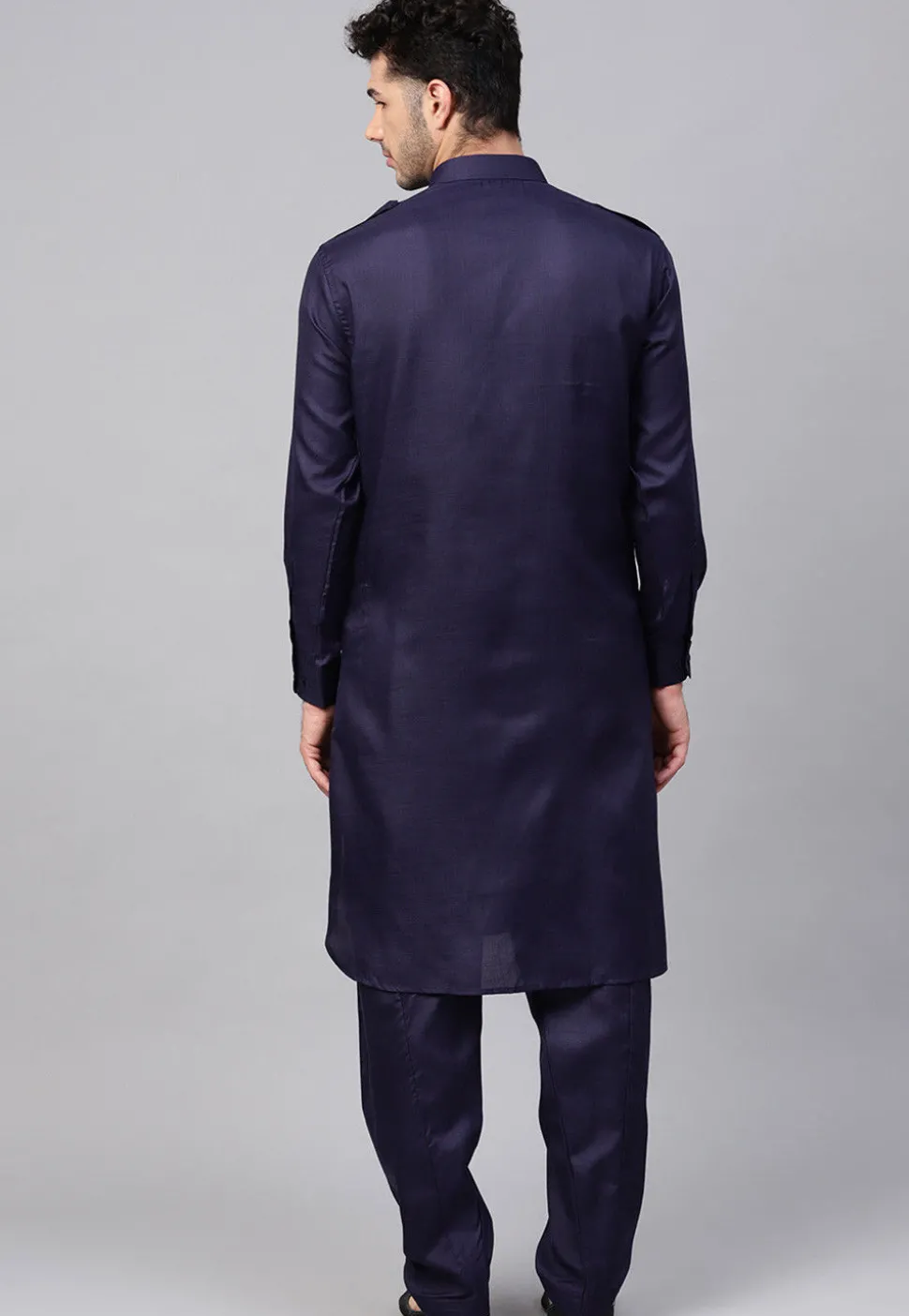 Solid Color Cotton Pathani Suit in Navy Blue