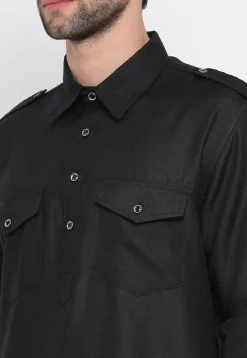 Solid Color Cotton Pathani Suit in Black