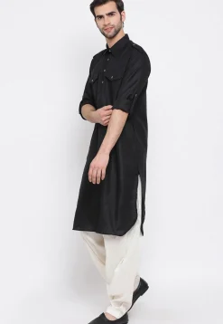 Solid Color Cotton Pathani Suit in Black