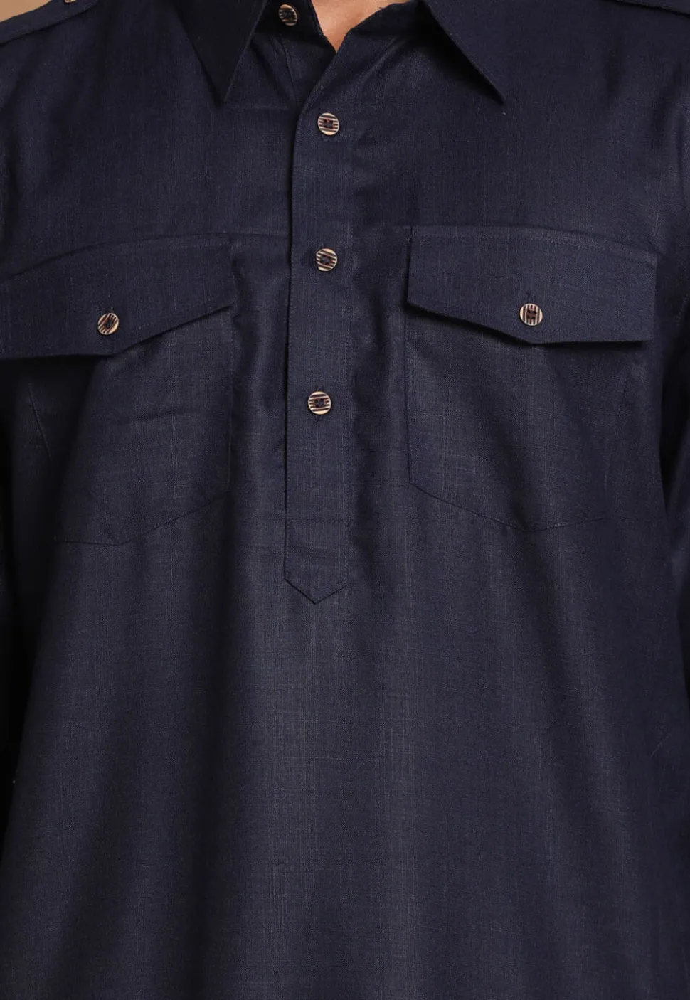 Solid Color Cotton Pathani Suit in Navy Blue