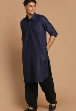 Solid Color Cotton Pathani Suit in Navy Blue