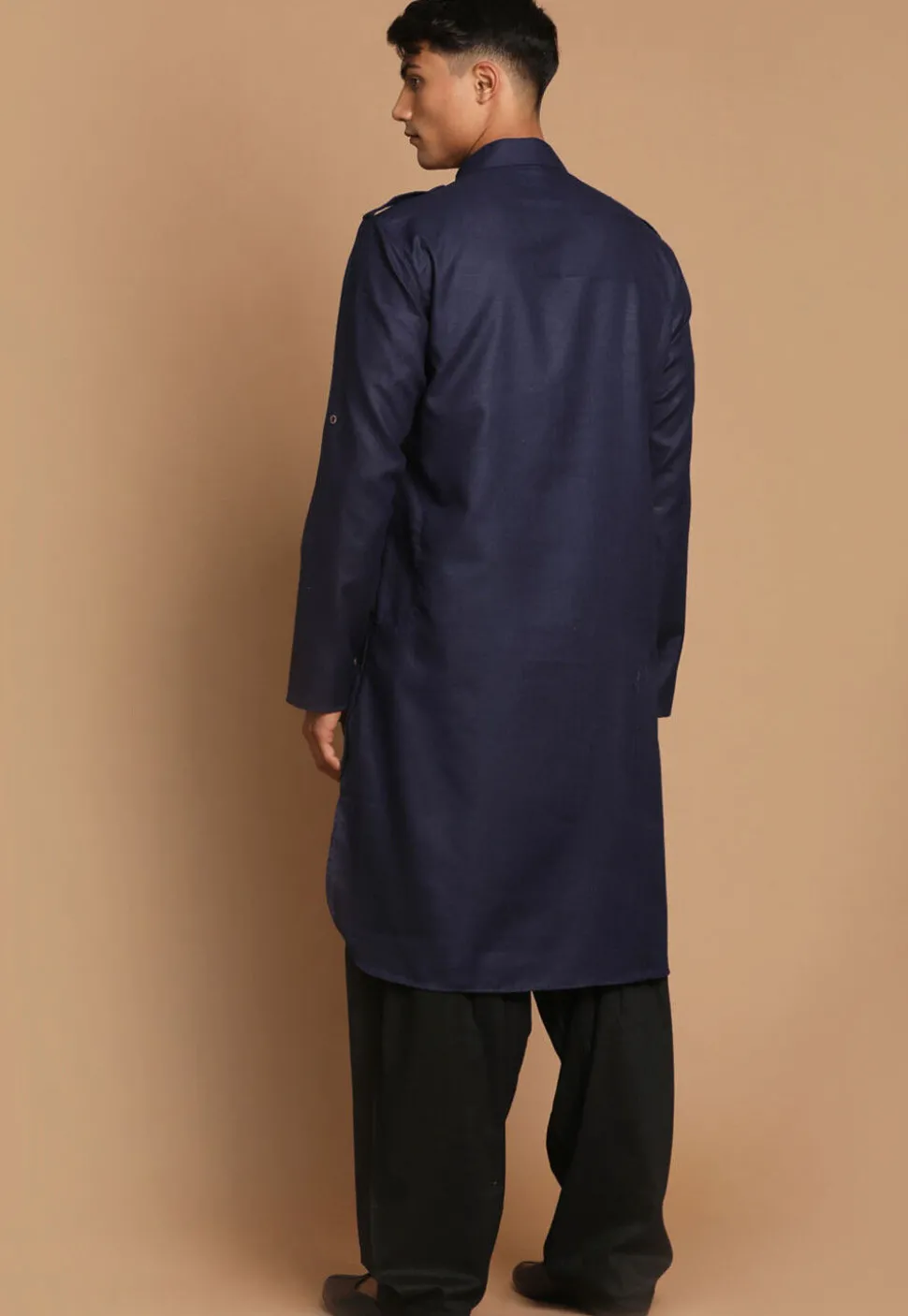 Solid Color Cotton Pathani Suit in Navy Blue